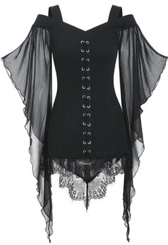 Women Vintage Gothic Vampire Cold-Shoulder Bat Sleeves Irregular Lace Hem Lace-up Top Steampunk Outfits, Top In Pizzo, Gothic Tops, Gothic Shirts, Patchwork Top, Chiffon Fashion, Medieval Dress, Vintage Blouse, Style Noir