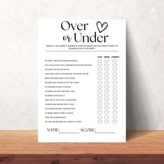 a printable wedding over or under game