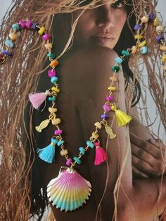 Rosary chain with colored mother of pearl, beautiful central shell, painted and finished in pure gold, pretty gold plated fish charms, cotton tassel