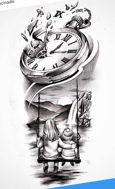 a black and white drawing of a woman sitting on a swing next to a large clock