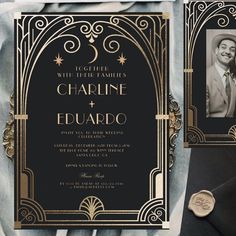 a black and gold wedding card with an image of a man in a tuxedo