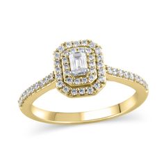 She'll appreciate the mix of modern shape and classic design in this diamond engagement ring. Crafted in warm 10K gold, this smart style showcases a 1/6 ct. emerald-cut diamond sparkling in a double diamond-lined frame. The shank shimmers with diamonds while hidden bezel-set diamonds adorn the gallery. Captivating with 1/2 ct. t.w. of diamonds and a bright polished shine, this engagement ring is a beautiful reminder of your love. 14k Gold Octagon Emerald Ring With Bezel Setting, Gold Emerald Ring With Center Stone, Octagon Shaped, 14k Gold Multi-stone Emerald Cut Diamond Ring, 14k Gold Halo Ring With Emerald-cut Center Stone, Emerald-cut Yellow Gold Halo Ring For Gift, Double Diamond, Bezel Set Diamond, Emerald Stone, Emerald Cut Diamonds