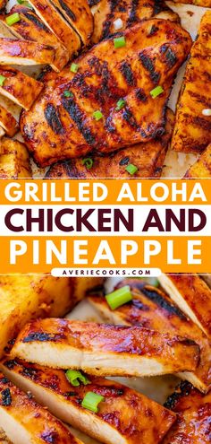 grilled aloha chicken and pineapple skewers with text overlay