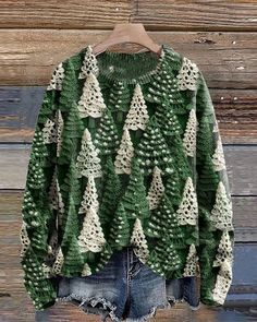 Christmas tree print crew neck long sleeve sweatshirt 2024 f/w christmas spring sweatshirts Winter Pullover, Winter Trends, Knitted Pullover Sweaters, Season Winter, Green Sweater, Christmas Women, Women Pullover, Printed Sweatshirts, Knitted Pullover