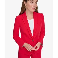 Perfectly put-together, with slightly peaked lapels and subtle signature detailing, Tommy Hilfiger's one-button blazer is bound to be a wardrobe workhorse..Approx. model height is 5'10' and she is wearing size 4.Approx. 24' long from center back neck to hem.Slightly peaked lapels; one-button front closure.Signature gold-tone TH logo at left lapel; shoulder padding.Slanted welt pocket at chest; horizontal welt pockets at side front; matching elbow patches; vent at center back.Long sleeves with signature button trim.Lined.Shell: polyester/viscose/spandex; stretch lining: polyester/spandex.Dry clean.Imported Tailored Button-up Blazer For Career, Tailored Single Button Office Blazer, Tailored Single-button Office Blazer, Business Blazer With Single Button And Notched Shape, Tailored Single Button Blazer For Office, Professional Single Button Blazer For Work, Notched Single-button Blazer For Business, Sleek Single Button Blazer For Business Casual, Classic Structured Career Blazer