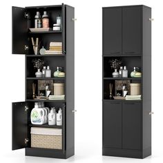 two black shelves with different types of items on top of each shelf and the bottom one is open