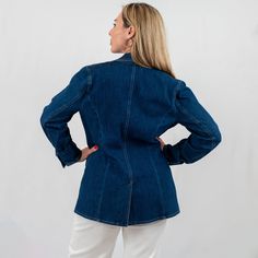 Discover the perfect blend of casual and polished with our chic structured denim blazer. Designed for the fashion-forward woman, this versatile denim jacket offers a sophisticated silhouette with notched lapels and a contemporary tailored fit. It's an ideal piece for those seeking a casual sophisticated denim blazer that transitions effortlessly from day to night. Classic Long Sleeve Denim Jacket With Double Button Closure, Fitted Elegant Denim Jacket, Elegant Fitted Denim Jacket, Denim Blazer With Welt Pockets And Long Sleeves, Denim Blazer With Welt Pockets, Denim Notch Lapel Outerwear With Button Closure, Classic Denim Button-up Blazer, Denim Outerwear With Notch Lapel And Button Closure, Classic Single Breasted Denim Blazer