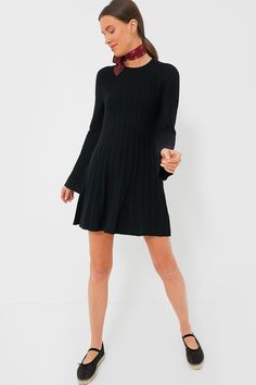 Sleek and chic, the Black Adi Knit Dress is exactly what your closet needs. A perfect not-too-dressy-not-too-casual piece, this fit and flare mini is suited for lunch dates, lowkey events, and whenever you want a pop of fun in your outfit rotation. Featuring ultra-wearable touches like a round neckline, long sleeves that get wider at the cuff, and a unique ribbed row texture, you'll be styling this knit number with boots, flats, and kitten heels all year long! Round neckline Long bell sleeves Ke Flat Black Boots Outfit, Black Boots Outfits, Flat Black Boots, Outfit Rotation, Black Flat Boots, Closet Needs, Cocktail Attire, Boots Outfit, Fit And Flare