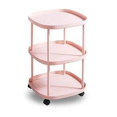 two tiered pink serving cart with wheels on the side and an open shelf for storage