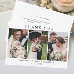 a wedding thank card with three pictures of the bride and groom on it, surrounded by flowers