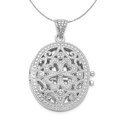 Beautifully detailed locket with an intriguing open ornate design that is fashioned from sterling silver and prong set cubic zirconia gemstones. It is approximately 19mm (3/4 Inch) in width by 22mm (7/8 Inch) in length and the tapered bail will accommodate up to a 2mm width classic style chain of your choice. Includes a 1.25mm, 18 inch sterling silver cable chain. Oval Locket Necklace, Oval Locket, Ornate Design, Bow Jewelry, Black Bow, Jewelry Companies, Locket Necklace, Sterling Silver Chains, Locket