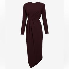 Long Sleeve Cutout Ruched Asymmetrical Hem Midi Dress Color: Dark Purple Size: S Quantity: 1 Price: 98.00 Elegant Draped Asymmetrical Fall Dress, Elegant Asymmetrical Draped Dress For Fall, Elegant Draped Asymmetrical Dress For Fall, Draped Asymmetrical Evening Dress For Fall, Ruched Draped Midi Dress For Fall, Asymmetrical Dress With Draped Sleeves For Work, Ruched Midi Dress With Asymmetrical Hem For Evening, Asymmetrical Ruched Dress For Work, Fitted Asymmetrical Draped Dress For Fall