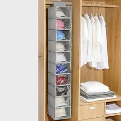 an organized closet with clothes and other items