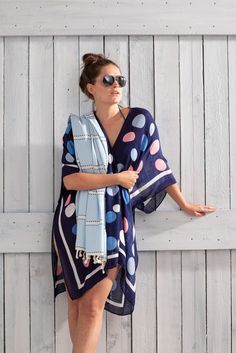 Pastunette Beach 'beach dotty' dark blue wrap-over style beach summer cover-up with pastel coloured dotty circles - Go 'beach dotty' 😎 & enjoy relaxing in the sun! 🌞 Summer Cover Up, Coverup Beach, Blue Beach, Shop The Look, Beach Covers, Beach Summer