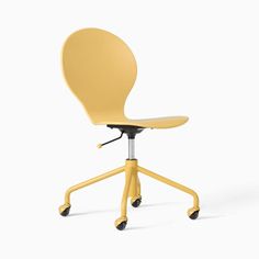 a yellow office chair with wheels on an isolated white background, viewed from the front