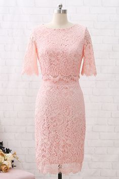 MACloth Short Sleeves Lace Peach Cocktail Dress Knee Length Wedding Pa Short One Piece Dress Western, One Piece Dress Knee Length, Peach Cocktail Dress, Peach Dress Short, Short One Piece Dress, Frock Photos, Brukat Dress, Peach Color Dress, Peach Cocktail