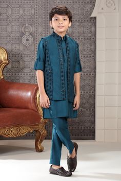 **Specifications : Please visit our brand store for more collection. StitcheryUK.etsy.com  If you need Father and Son same outfits we can make by customised for that kindly message me. Top Details Color- Teal Blue, Fabric - Soft Blended Embroidered Fabric Bottom Details Color- Teal Blue, Fabric - Blended Slik , Style - Elastic Pant Package Include :INCLUDES 1 BANDI, 1 KURTA AND 1 PANT. Turban ,Mojari And Other Accessories Are Not Sold Along With The Dress. CARE: DRY CLEAN ONLY *Additional Inform Traditional Blue Nehru Jacket With Intricate Embroidery, Embroidered Nehru Jacket For Reception And Festivals, Embroidered Nehru Jacket For Festivals And Receptions, Blue Nehru Jacket With Intricate Embroidery For Diwali, Festival Embroidered Nehru Jacket For Reception, Blue Chikankari Embroidered Nehru Jacket For Reception, Diwali Blue Nehru Jacket With Intricate Embroidery, Traditional Blue Nehru Jacket With Chikankari Embroidery, Festive Front Open Sets With Chikankari Embroidery