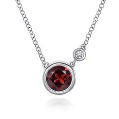 This timeless sterling silver necklace showcases a bezel set round garnet accented by a sensational round accent diamond. Wedding Ring Necklaces, Garnet Necklace, Diamond Hoop Earrings, Diamond Pendant Necklace, Wedding Rings For Women, Diamond Pendant, Shop Necklaces, Sterling Silver Necklaces, Silver Fashion