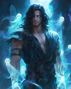 a man with long black hair and blue eyes standing in front of ghost like lights