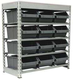 an industrial shelving unit with bins and shelves