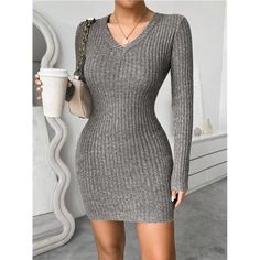 -Item Id 39738369 -Details: Rib-Knit -Neckline: V Neck -Sleeve Type: Regular Sleeve -Style: Casual -Waist Line: Natural -Hem Shaped: Pencil -Color: Grey -Pattern Type: Plain -Sleeve Length: Long Sleeve -Length: Midi -Fit Type: Regular Fit -Fabric: Slight Stretch -Material: Knitwear -Composition: 100% Polyester -Care Instructions: Hand Wash Or Professional Dry Clean -Temperature: Spring/Fall (18-25/63-77) -Sheer: No **Open To Offers!!!** **Bundle To Save More** **30% Off Bundles Of 2 Or More Item Cheap Fitted V-neck Sweater Dress, Spring Ribbed V-neck Sweater Dress, Casual Non-stretch Long-sleeved Sweater Dress, Casual Gray V-neck Sweater Dress, Bodycon Sweater, Sweater Dress Casual, Bodycon Sweater Dress, Gray Long-sleeved Knitted Sweater Dress, Grey Pattern