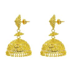 22K Yellow Gold Jhumki Earrings W/ Textured Design & Round Petaled Pendant for women. Add a needed touch of gold to your attire with these lovely earrings, intricately designed with small solid gold balls and a pendant outlined with petal-like details. Each earring is 50 mm long, 27 mm wide and weigh a total of 33.5 grams. Jhumki Earrings, Pendant For Women, Textured Design, Touch Of Gold, Yellow Gold Earring, Lovely Earrings, Gold Earrings, Solid Gold, Yellow Gold