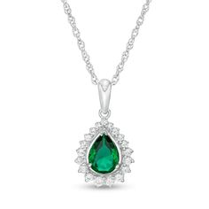 Perfect your evening attire with this tasteful fashion pendant. Fashioned in sterling silver, this regal look showcases a 7.0 x 5.0mm pear-shaped lab-created verdant-green emerald wrapped in a shimmering lab-created white sapphire-touched shadow-style frame. Buffed to a brilliant luster, this pendant suspends along an 18.0-inch rope chain that secures with a spring-ring clasp. Formal Teardrop Necklace With May Birthstone, Formal Teardrop Necklace For May Birthstone, Elegant Pear-shaped May Birthstone Necklace, Formal Pear Shaped Necklace With May Birthstone, Formal Pear-shaped May Birthstone Necklace, Formal Pear-shaped Sterling Silver Necklace, Formal Pear Shaped Necklace For May Birthstone, Formal Teardrop Pendant Necklace With May Birthstone, Teardrop Pendant Necklace For Formal Occasions With May Birthstone