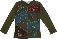 Italian Olive Green Full Sleeve Boho Top with Patchwork | Tunic-Shirt | Green | Patchwork, Stonewash, Junior-Petite, XL-Plus, Fall, Bohemian Multicolor Long Sleeve Top With Floral Patchwork, Green Bohemian Tops For Fall, Multicolor Floral Patchwork Long Sleeve Top, Hippie Patchwork Tops For Festival, Fitted Long Sleeve Tops With Floral Patchwork, Green Cotton Patchwork Top, Multicolor Patchwork Top For Winter, Bohemian Multicolor Tops For Fall, Bohemian Long Sleeve Patchwork Tops