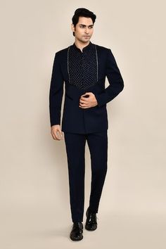 Blue full sleeves bandhgala with celeste pintucked yoke embroidery. Paired with a trouser. - Aza Fashions Band Collar, Suit Fabric, Mens Trousers, Full Sleeve, Aza Fashion, Trousers, Collar, Embroidery, Blue