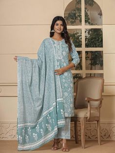 Sea Green Sequins_Work Pure cotton Straight Kurta And Trouser with dupatta Set Kurta design: Floral Print Show Button On Yoke Embroidery Straight shape Round-Neck, Three quarter Regular Sleeves Calf Length with Straight hem, Trouser design: Printed One Pocket Trouser Elasticated waistband Slip-on closure Material & Care:- Top Fabric Pure cotton Bottom Fabric Pure cotton Dupatta Fabric Voile Shipping Policy Domestic delivery time is approximately 3 to 5 days. International delivery time is approximately 10 to 15 days. Return & Exchange GUIDELINES FOR A VALID RETURN AND EXCHANGE: All product tags intact and in their original packaging Product must be unused Products must be in an unwashed and in undamaged condition Whenever you return a product make sure you take a receipt. For further claim Block Print Mulmul Lawn Suit For Eid, Eid Lawn Suit With Block Print In Mulmul, Diwali Palazzo Set In Mulmul With Printed Motifs, Unstitched Block Print Lawn Suit With Straight Kurta, Blue Cotton Anarkali Set With Bandhani Print, Eid Block Print Dupatta, Cotton Blue Bandhani Print Palazzo Set, Blue Cotton Bandhani Print Palazzo Set, Unstitched Block Print Salwar Kameez For Eid