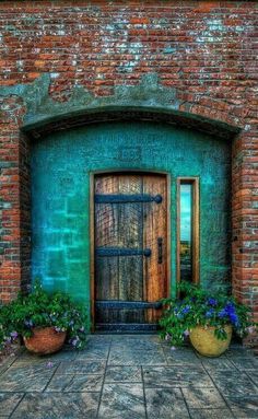 an open door with potted plants in front of it and the words wooden doors