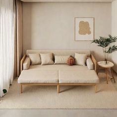 a living room with a couch, coffee table and potted plant in the corner