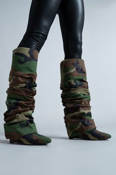 AZALEA WANG ZUMMA CAMO RUCHED WEDGE BOOT Platform Heels Boots, Wedge Heel Boots, Thigh High Boots Heels, Azalea Wang, Animal Print Shoes, Platform Block Heels, Boots Knee, Heel Boots, Mid Calf Boots