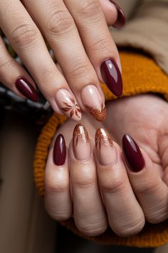 Embrace the essence of autumn with these cozy fall nail ideas that blend rich, warm hues and intricate designs. Picture deep burgundy and mustard yellow shades adorned with delicate leaf patterns that mirror the beauty of falling leaves. These stunning nails will elevate your style and capture the spirit of the season, perfect for cozy gatherings or festive celebrations. Get ready to turn heads this autumn! Autumn Nail Designs, Tiny Pumpkins, November Nail Designs, Classy Almond Nails, Cozy Fall Vibes, Fall Nail Ideas, Simple Fall Nails, Stunning Nails, Autumn Nail