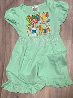 Mint Back to School Ruffle Dress. First Day of School Dress. | Etsy Spring Short Sleeve School Dress, Casual Green School Dresses, Green Casual School Dress, Fun Cotton Dresses For Sleepovers, Cotton Short Sleeve Dress For Sleepover, Casual Ruffled Dresses For School, Fun Short Sleeve Cotton Dress, Fun Short Sleeve Dresses For Sleepover, Green Cotton Dress For Sleepover