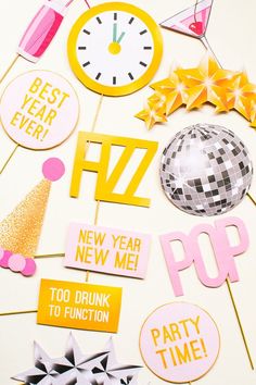 party time photo booth props and decorations for a new year's eve party on a white background