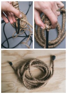 two pictures showing how to tie a rope with scissors