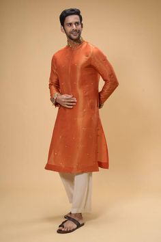 Orange kurta with all over floral threadwork motifs, embellished by beads and sequins. Comes with pant. - Aza Fashions Embroidered Orange, Men Kurta, Eid Party, Madhuri Dixit, Luxury Sale, Kurta With Pants, Fashion App, Pants Pattern, Modern Bride