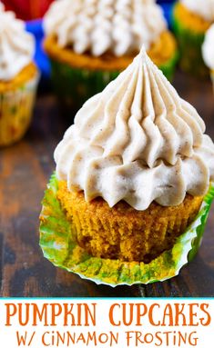 pumpkin cupcakes with cinnamon frosting on top