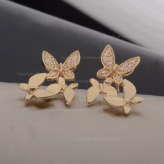 Real SI Clarity G-H Color Diamond Earrings / Triple Butterfly Beautiful Tiny Stud Earrings/ 14k Solid Gold Minimalist Earrings/ Handmade Earrings/ Diamond Earrings/ Jewelry / Birthstone ≫ Features * item code : ST00297 * Diamond: 100% Genuine Diamond * Diamond Wt: 0.15 ct * Diamond Color: G-H * Diamond Clarity: S2-SI1 * Diamonds Cut: Brilliant Cut (Excellent Cut) * Metal : 14K Solid Gold * Metal: 14K Solid Gold (18K also available - Additional fees may apply) * More option in gold color: Rose go 14k Gold Butterfly Jewelry For Anniversary, Pierced Butterfly Jewelry For Anniversary, Gold 14k Stamped Wedding Earrings, Wedding Gold Earrings Stamped 14k, Gold Diamond Earrings Stamped 14k For Wedding, Butterfly Shaped Jewelry With Matching Earrings For Anniversary, Dainty Butterfly Earrings For Anniversary, 14k Gold Butterfly Earrings For Anniversary, Gold Butterfly Earrings For Wedding