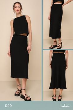 An effortless look like the Lulus Pleasant Poise Black High-Rise A-Line Midi Skirt is a wardrobe must-have! Lightweight linen-like fabric shapes these cute skirt that has a high, elasticized waist (with subtle scalloped trim) and a chic, A-line silhouette. Graceful midi hem completes the look. Pair with the matching top for a complete look! Fit: This garment fits true to size. Length: Mid-calf length. Size medium measures 34.50" from waist to hem. Waist: Loosely Fitted. Hip: Loosely Fitted. Fabr Summer Viscose Skirt For Day Out, Chic Viscose Flared Skirt, Flattering Midi Skirt For Summer, Chic Relaxed Maxi Skirt In Rayon, Chic Rayon Lined Maxi Skirt, Chic Relaxed Fit Maxi Skirt In Rayon, Chic Rayon Lined Skirt, Black Relaxed Fit Viscose Skirt, Elegant Black Skirt For Brunch