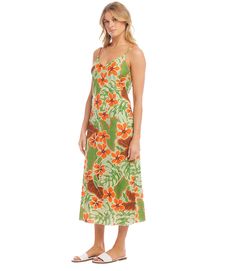 Upgrade your warm-weather wardrobe with this eye-catching dress where style, comfort, and floral vibes come together as one. The midi length, coupled with adjustable straps, allows you to customize the fit to your liking, ensuring a flattering silhouette. Fitted at the bust, waist, and hip Tropical Print Linen/Cotton: 55% Linen 45% Cotton Made in USA of Italian fabric Length: 43 5/8 inches (size M) Dry Clean Only V-neck Sleeveless Adjustable straps Lined | Karen Kane Bias Cut Midi Dress in Print Karen Kane, Italian Fabric, Printed Linen, Tropical Print, Warm Weather, Midi Length, Adjustable Straps, Dry Clean, Midi Dress