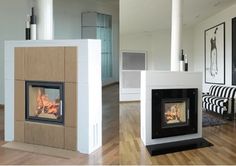 three different types of fireplaces in a living room with wood floors and white walls