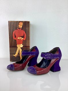 "Vintage 1970s Fred Slatten Shoes rounded toe maryjane style with straps & buckle detail sculptural platform heel dark red leather & purple suede with white top stitch by fred slatten for carmo great vintage condition, some wear marked size 7.5 9.75\" heel-toe along insole 3\" wide 3.25\" heel All sales are final / as-is." Bow High Heels, Womens Pumps, Purple Suede, Platform Heel, Heel Shoes, Vintage 1970s, Red Purple, Platform Heels, Womens Heels