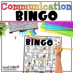 a person holding a pencil in their hand next to a sign that says communication bingo