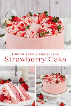 the strawberry cake is ready to be cut into pieces and served with strawberries on top