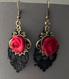 Halloween Dia de Los Muertos Rose Dangle Earrings Includes earring backs Fast & Free Shipping Victorian Style Nickel Free Earrings For Party, Gothic Metal Earrings For Valentine's Day, Gothic Earrings For Costume Party, Gothic Dangle Earrings For Valentine's Day, Gothic Handmade Earrings For Party, Handmade Gothic Earrings For Party, Elegant Metal Halloween Earrings, Elegant Metal Earrings For Halloween, Vintage Handmade Halloween Earrings