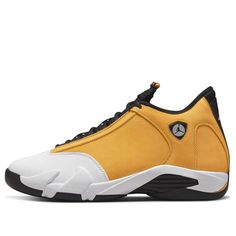 The Air Jordan 14 Retro 'Ginger' is a stylish and comfortable sneaker, perfect for any activity. It features a classic colorway of Light Ginger, Black, and White, with a sleek silhouette and Zoom Air cushioning for a responsive feel. The design is inspired by the original Air Jordan 14, and is sure to be a hit with any sneaker fan. It's crafted with premium leather for a luxurious feel, and its rubber sole ensures durability and traction. Whether you're on the court or the street, the Air Jordan 14 Retro 'Ginger' is the perfect shoe for you. (SNKR/Basketball) Jordan Lace-up Shoes For Light Sports With Rubber Sole, Streetwear Fade-resistant Jordan Shoes, Sporty Yellow Leather Sneakers, Sporty Leather Lace-up Jordan Shoes, Fade-resistant Lace-up Jordan Shoes For Streetwear, Classic Lace-up Custom Sneakers For Sports, Classic Low-top Jordan Shoes With Boost Midsole, Classic Leather Jordan Sports Shoes, Modern Yellow Sneakers With Boost Midsole