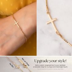 14K Solid Gold Sideways Cross Box Chain Bracelet, Gold Stylish Tiny Cross Bracelet, Yellow Rose or White Gold Dainty Cross Faith Bracelet. Makes a perfect gift for bridesmaids, mom, wife, girlfriend, fiance or anybody else that is special to you. Comes in a cute gift box ready for gifting. This beautiful sideways cross Bracelet was made popular by Jennifer Lopez, Kelly Ripa, Selena Gomez, and many other celebrities. Make it your own and add it to any outfit to add elegance and interest. The perfect versatile piece! Material: Solid Gold, real gold (no gold filled or gold plated) Karat: 14k (585), Cross Width: 0.34 inches (0.86 cm) Cross Height: 0.64 inches (1.63 cm) Box Chain Width : 0.046 inches (1.18 mm) Bracelet Length: Available Between 6.0 - 8.0 Inches      M o r e  *  F r o m  *  U s Rose Gold Name Bracelet With Adjustable Chain As Gift, Bracelets With Extender As A Gift, Minimalist Gold Rosary Bracelet Gift, Gold Cross Bracelets For Everyday, Gold Cross Bracelet For Everyday Wear, Everyday Gold Cross Bracelets, Yellow Gold Rosary Bracelet As Gift, Adjustable Cross Chain Bracelet As Gift, Adjustable Box Chain Bracelet For Gift