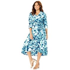 Catherines Women's Plus Size Easy Faux Wrap Dress .A classic wrap-dress silhouette without the struggle. With its easy pullover style and faux-wrap front, this effortless dress hangs beautifully from the moment you put it on. Soft panels of fabric overlap in front creating a tulip hem that visually slims your shape. FABRIC: Soft, stretchy and cool to the touch with a fluid drape. Easy to wear, easy to pack. FIT: V-neckline with overlapping fabric that cascades to a tulip hem. Pullover style. Faux-wrap front with tie. 3/4 sleeves. 95% Polyester, 5% SpandexMachine WashImported Plus Size DressRegular 44"50 high-low length, Petite 41"47 high-low lengthPlus Sizes 0X-6X, Petite Plus Sizes 0XWP3XWPCatherines. About the brand: At Catherines, we design quality plus size clothing for women sized 16- Holiday Dresses Women, Plus Size Summer Dresses, Dot Print Dress, Polka Dress, Dress Silhouette, Faux Wrap Dress, Plus Size Dress, Retro Dress, Fashion Tops